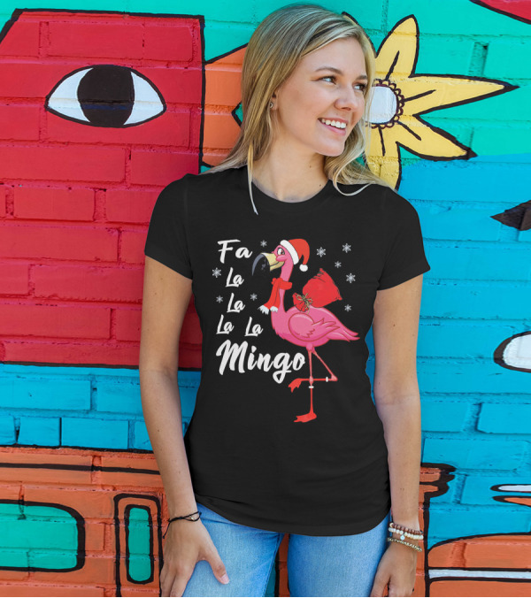 Fa La La La La Mingo Flamingo Santa Hat Snowflakes T-Shirt