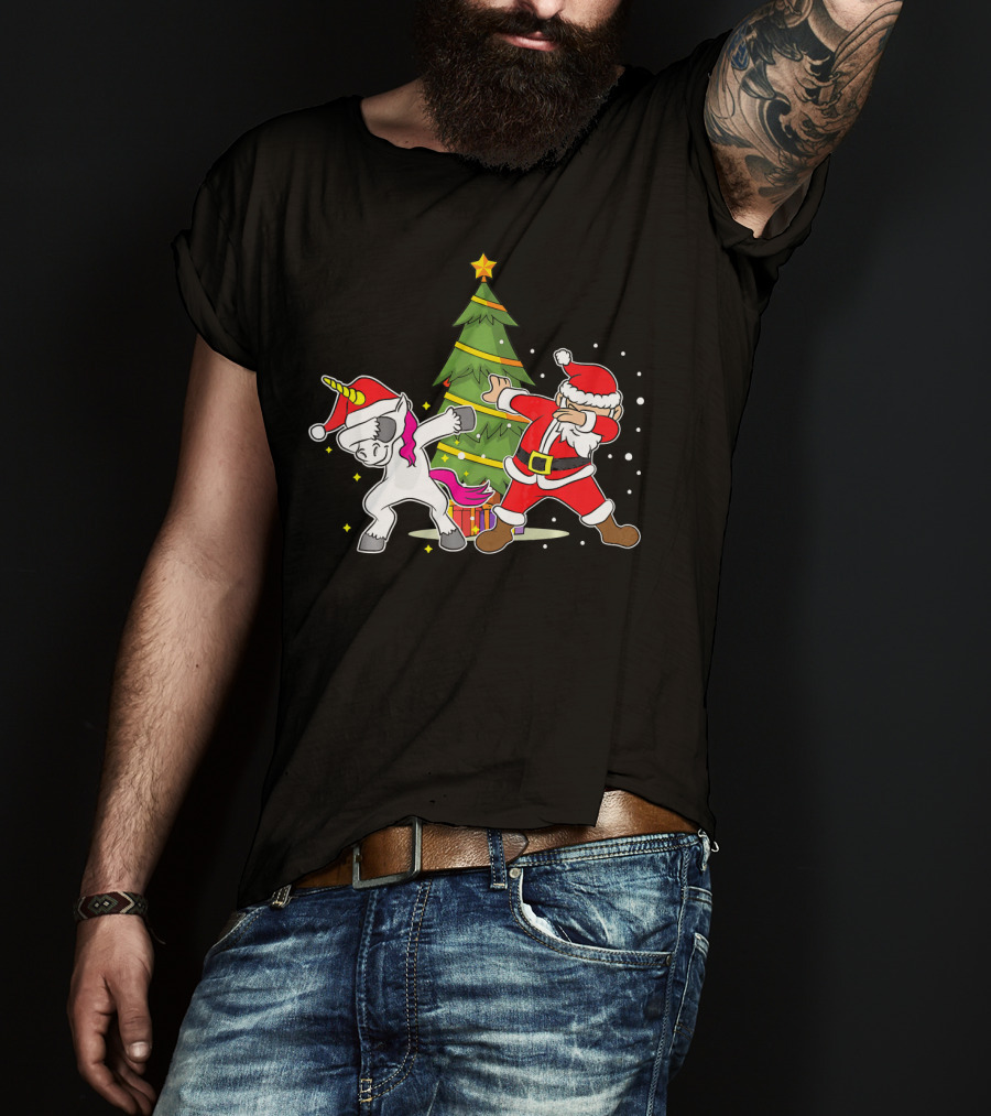 Dabbing Unicorn Xmas Christmas Santa Dance By Tree T-Shirt
