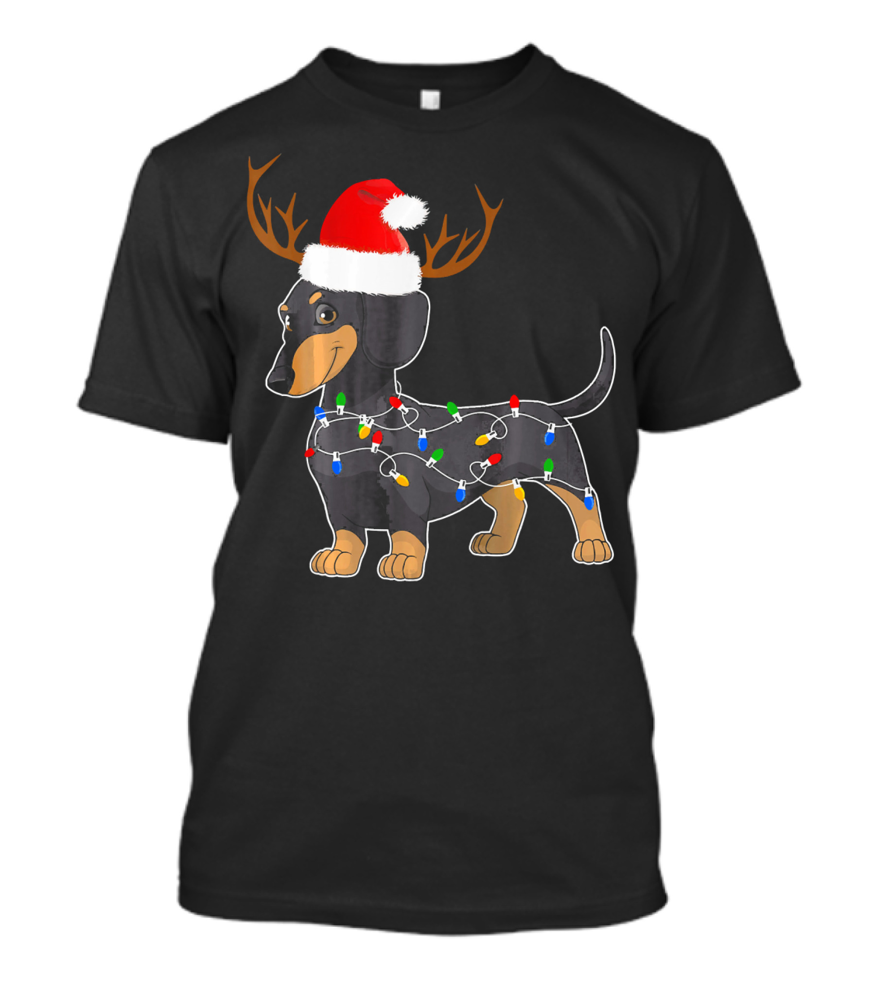 Dachshund Christmas Reindeer With Santa Hat And Holiday Lights T-Shirt