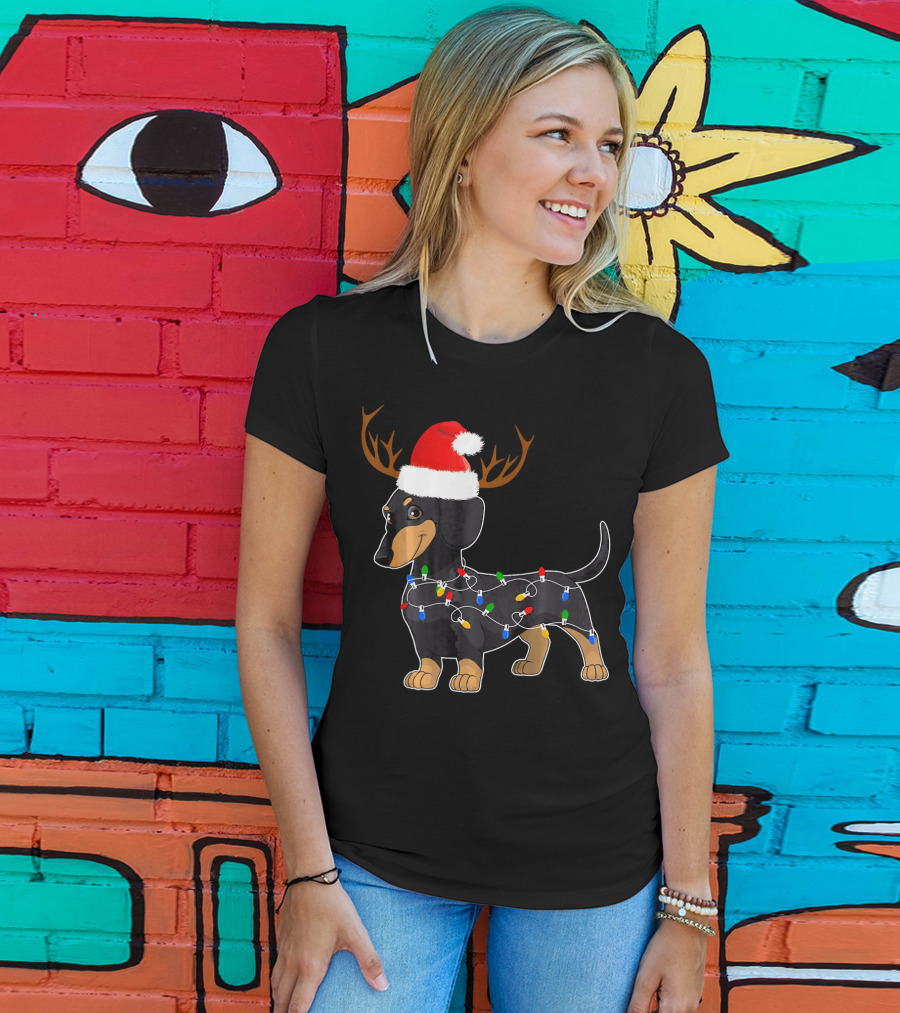Dachshund Christmas Reindeer With Santa Hat And Holiday Lights T-Shirt
