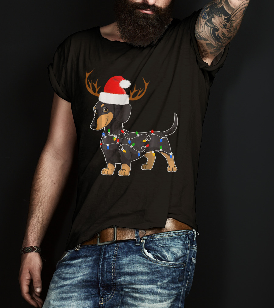 Dachshund Christmas Reindeer With Santa Hat And Holiday Lights T-Shirt