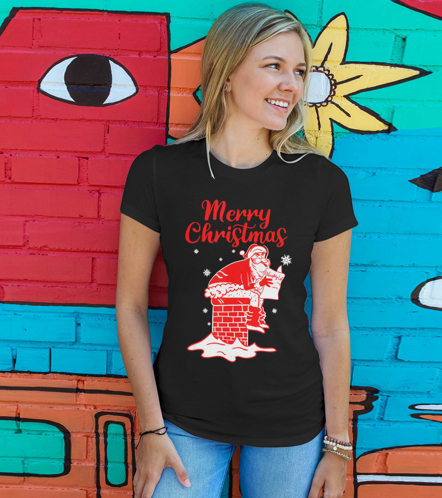 Merry Christmas Santa Pooping Naughty List Snowflakes Chimney T-Shirt