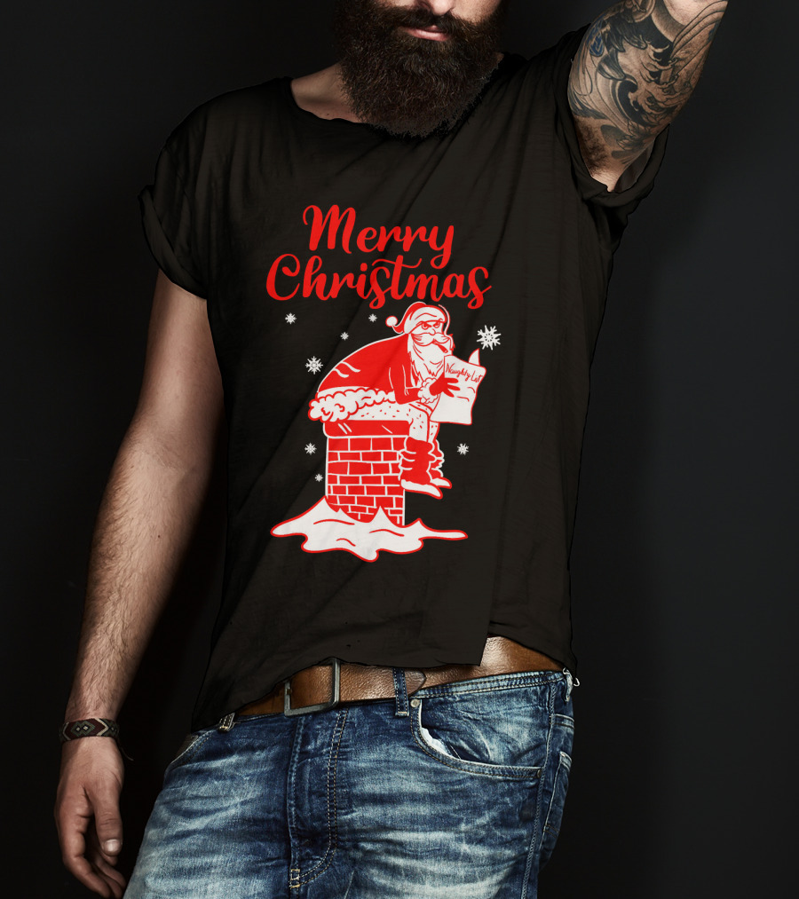 Merry Christmas Santa Pooping Naughty List Snowflakes Chimney T-Shirt