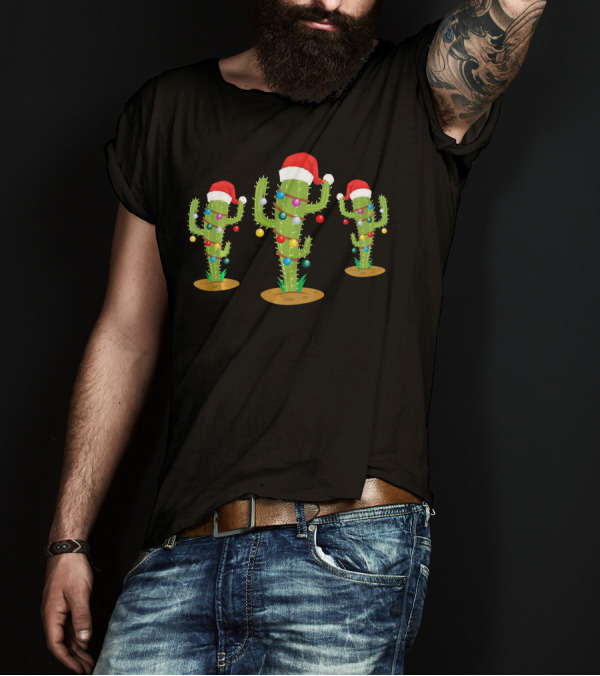 Festive Christmas Cacti With Santa Hats And Lights T-Shirt