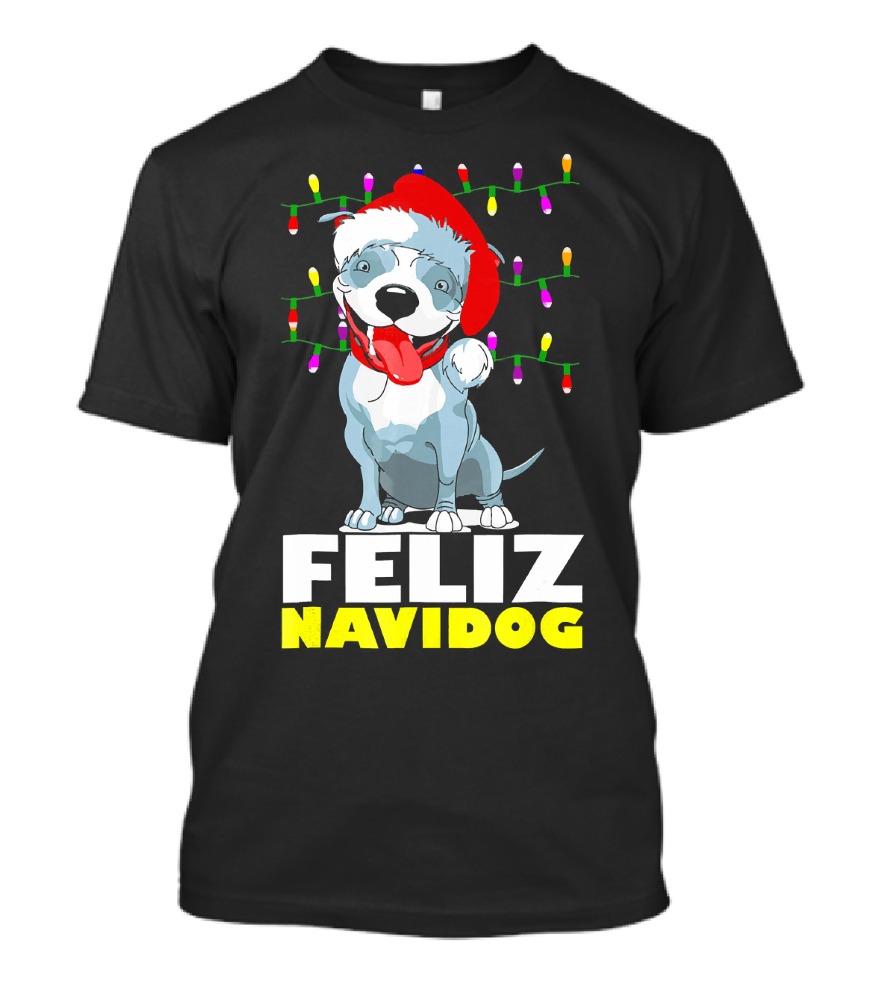 Feliz Navidog Pitbull In Santa Hat With Christmas Lights T-Shirt