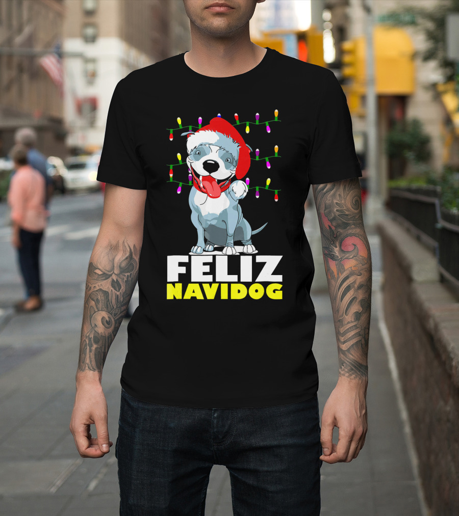 Feliz Navidog Pitbull In Santa Hat With Christmas Lights T-Shirt