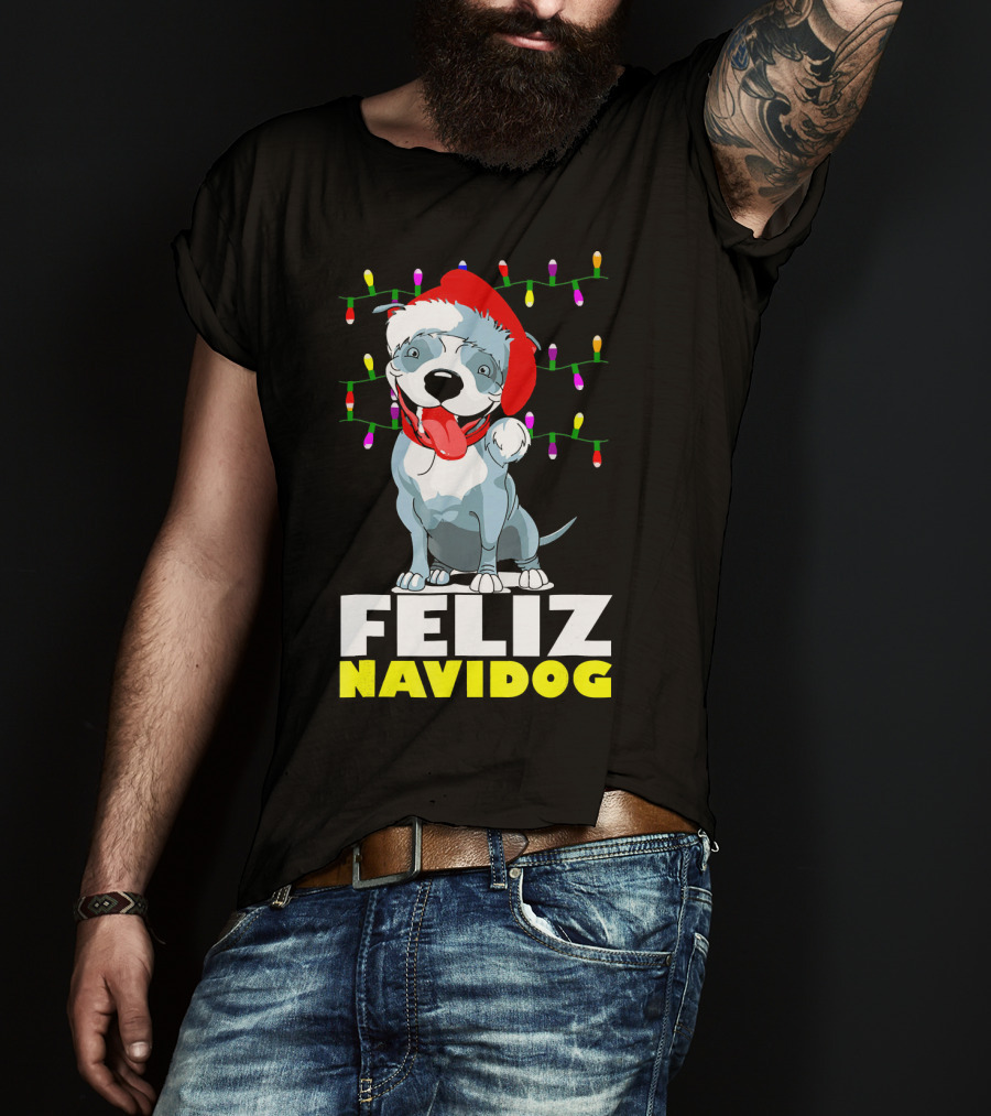 Feliz Navidog Pitbull In Santa Hat With Christmas Lights T-Shirt
