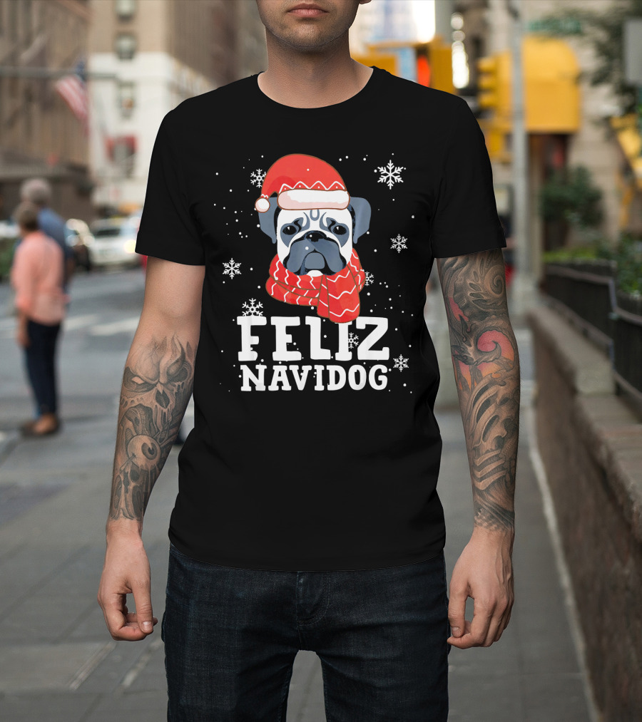Feliz Navidog Pug Dog With Santa Hat And Scarf Snowflakes T-Shirt