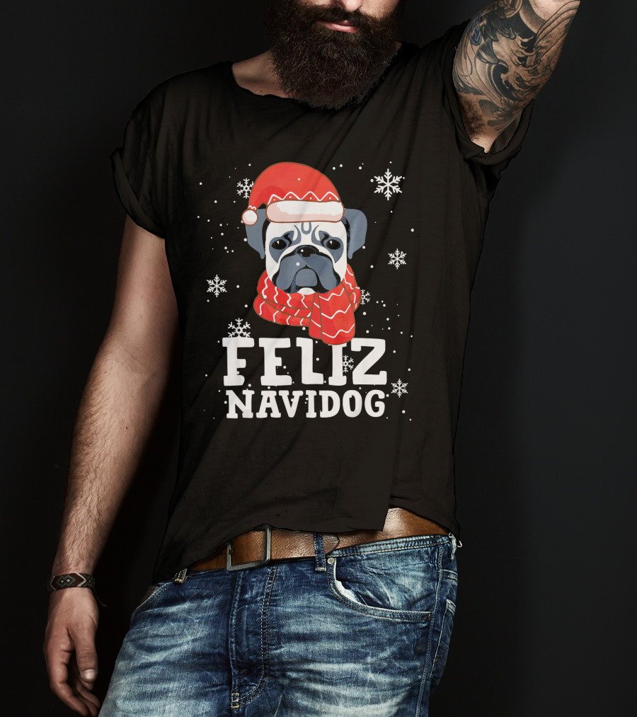 Feliz Navidog Pug Dog With Santa Hat And Scarf Snowflakes T-Shirt