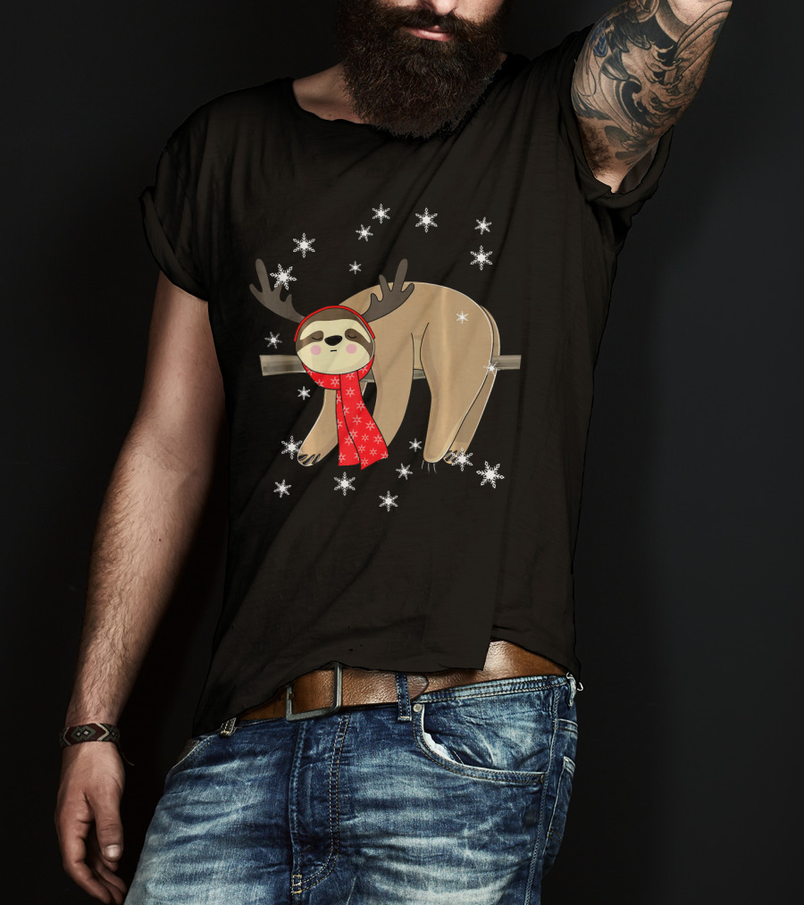 Funny Christmas Sloth Cute Sloth With Antlers And Red Scarf Surrounded By Snowflakes T-Shirt