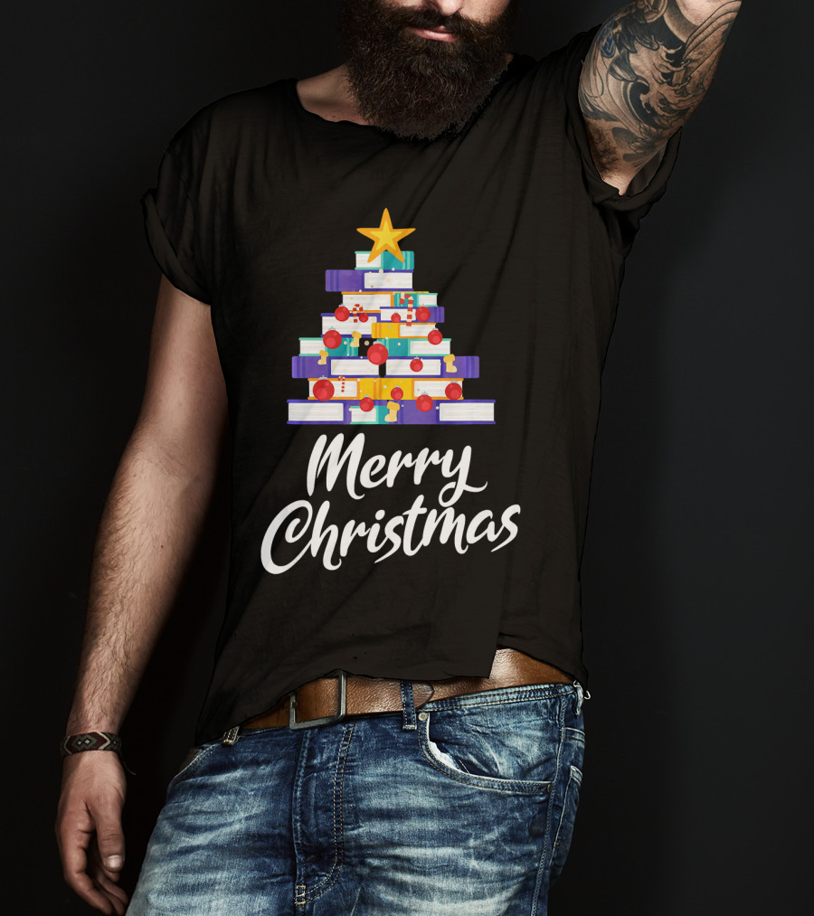 Merry Christmas Tree Stack Of Books Holiday Decor T-Shirt