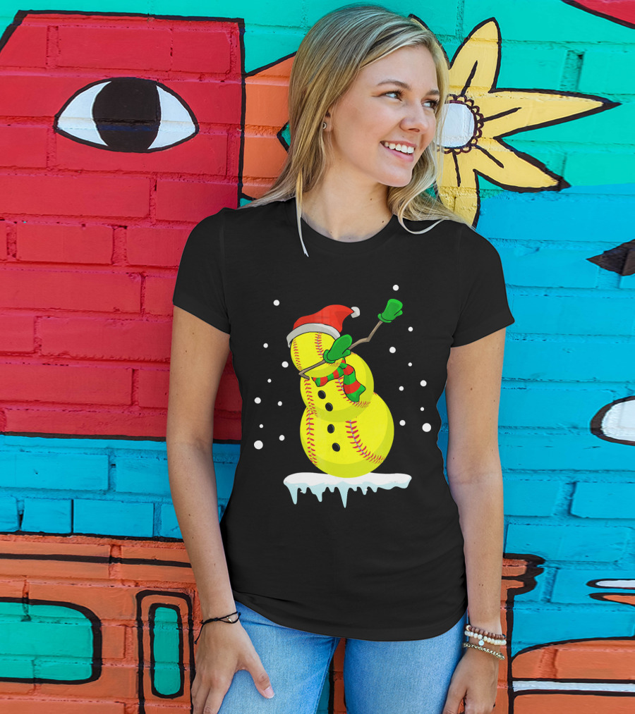Dabbing Snowman Softball Christmas Fun T-Shirt