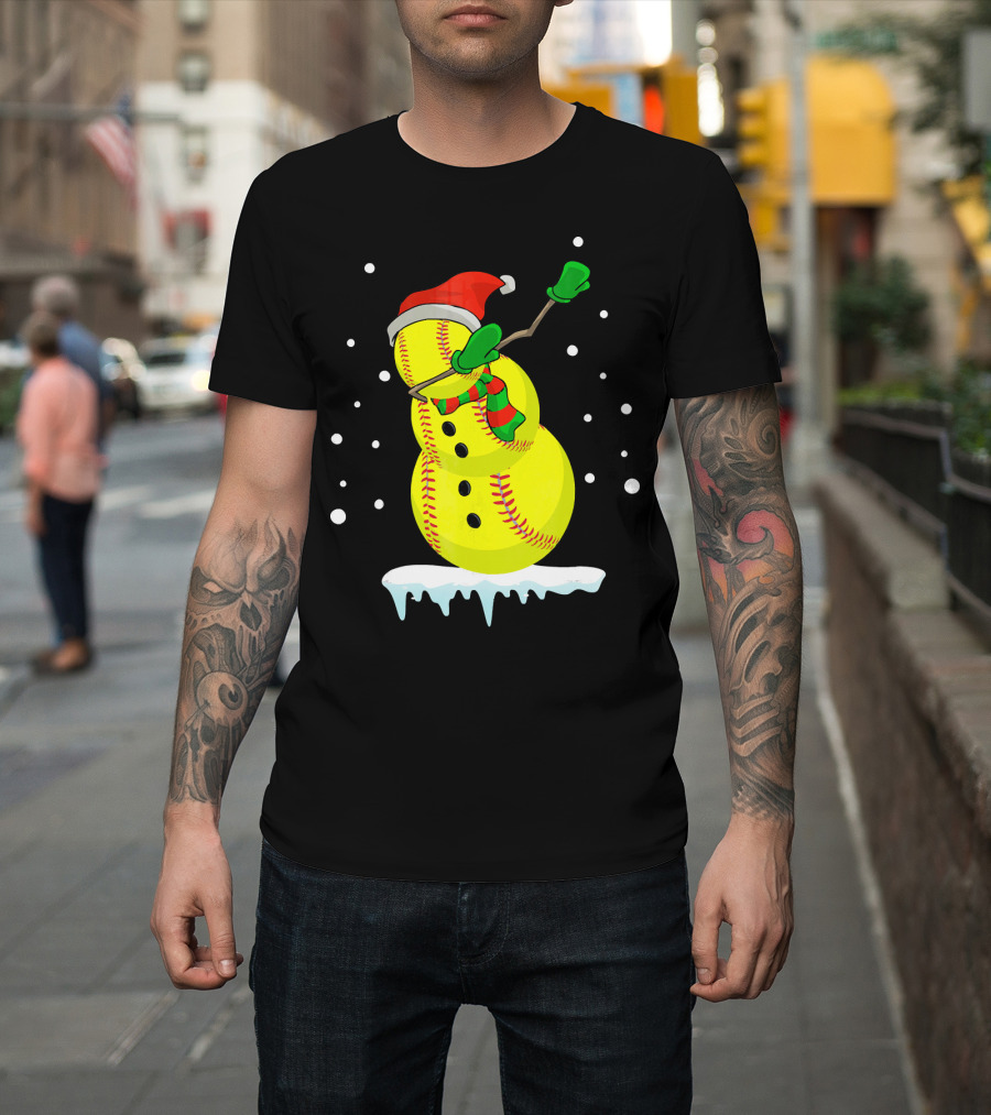 Dabbing Snowman Softball Christmas Fun T-Shirt