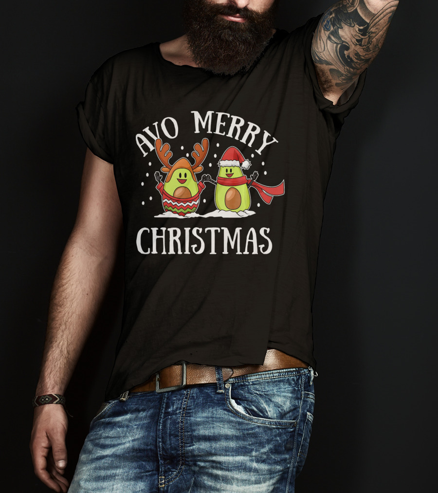 Avo Merry Christmas Avocado With Reindeer Antlers And Santa Hat T-Shirt
