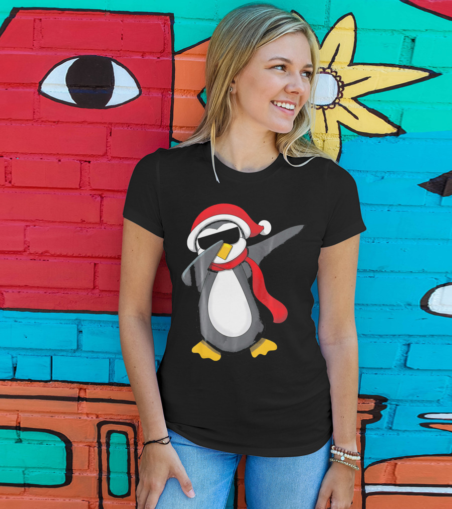 Dabbing Penguin Christmas Mornin Santa Hat Scarf Holiday Fun T-Shirt