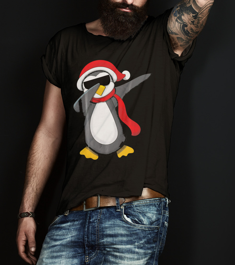 Dabbing Penguin Christmas Mornin Santa Hat Scarf Holiday Fun T-Shirt