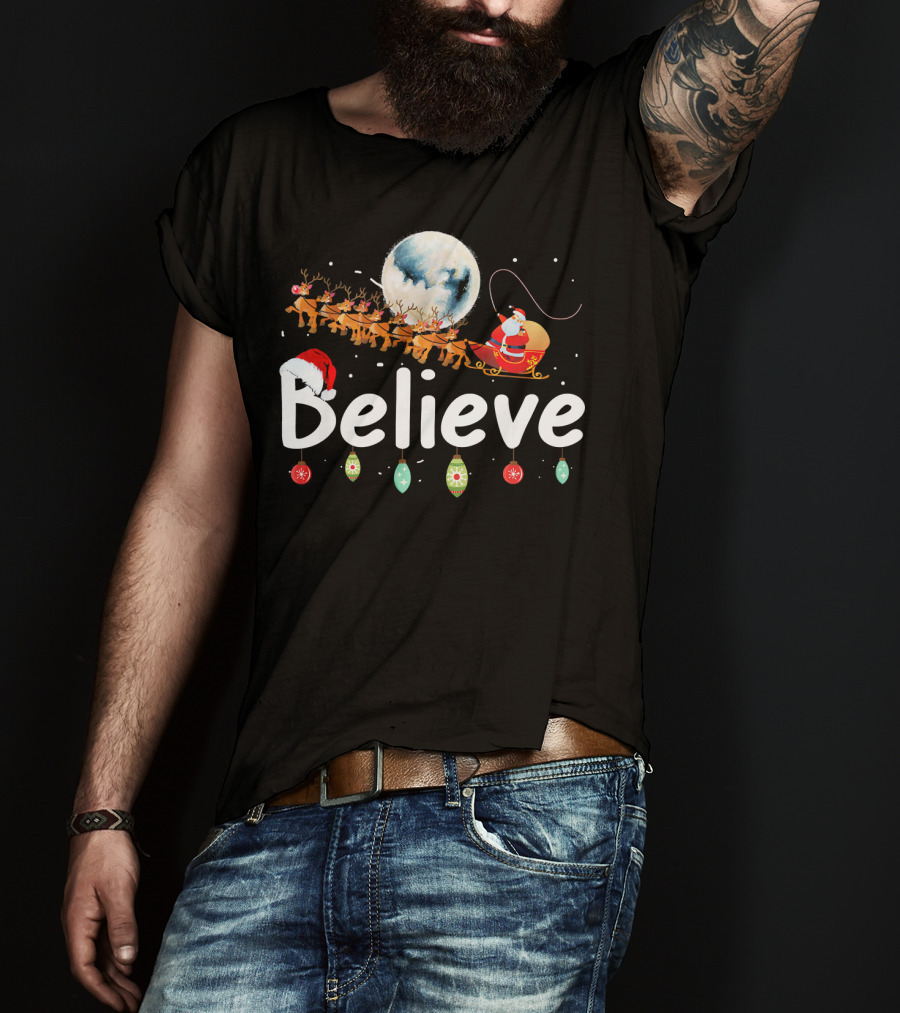 Believe Santa Sleigh Reindeer Moon Christmas Xmas T-Shirt