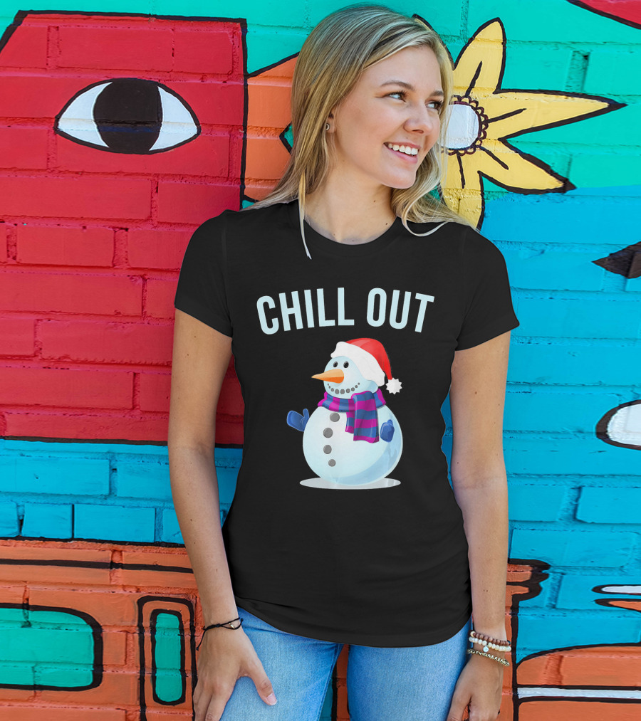Chill Out Snowman Santa Hat And Scarf Winter Vibes T-Shirt