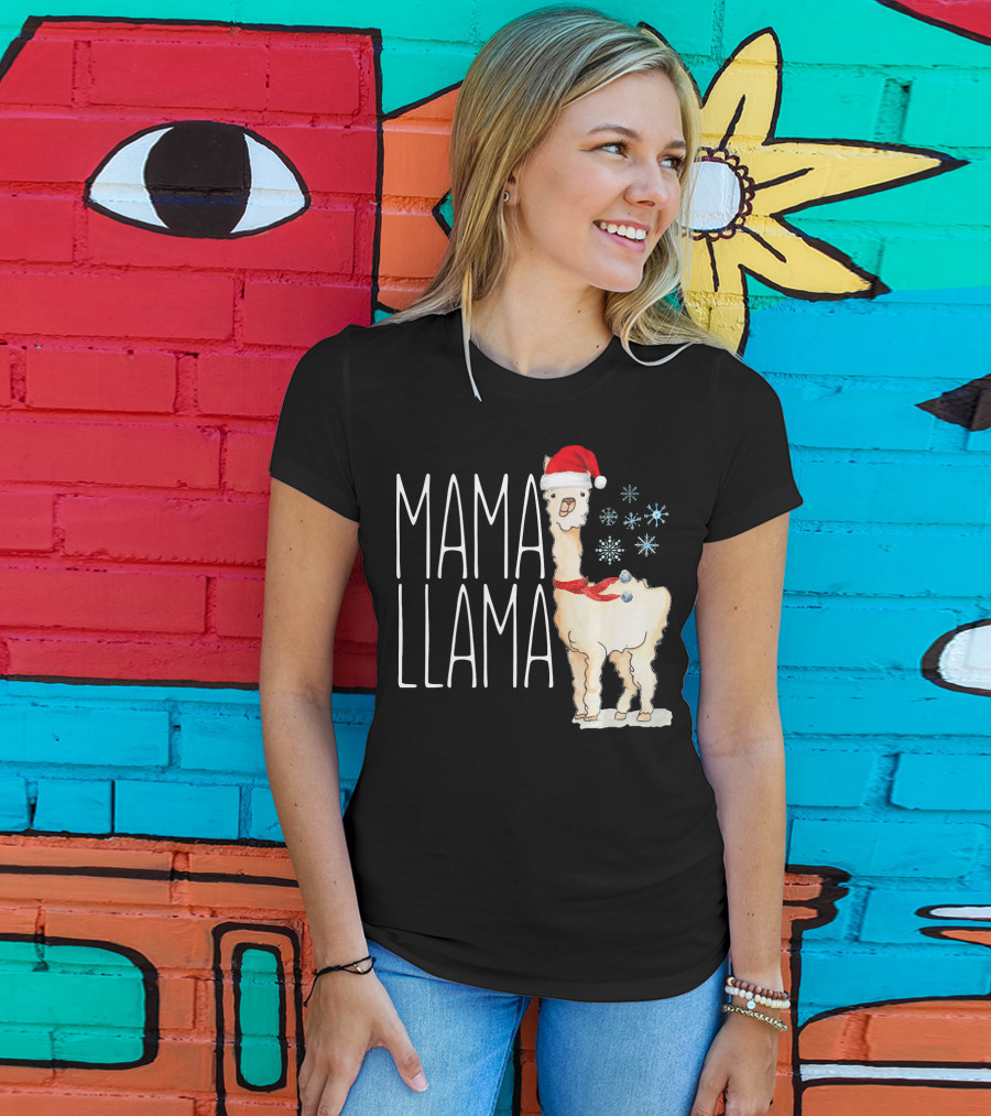 Mama Llama Christmas Snowflakes Santa Hat T-Shirt