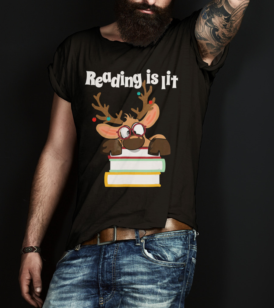Reading Is Lit Reindeer With Books And Glasses T-Shirt