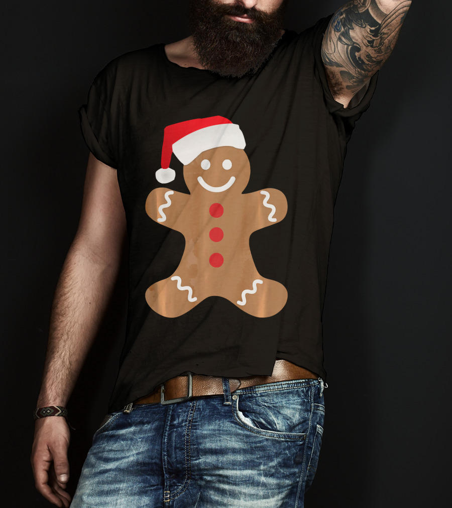 Gingerbread Man With Santa Hat Christmas T-Shirt