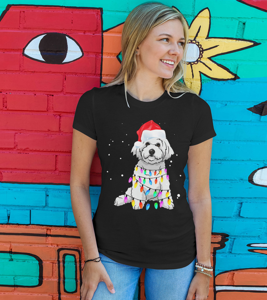 Bichon Frise With Christmas Lights And Santa Hat T-Shirt
