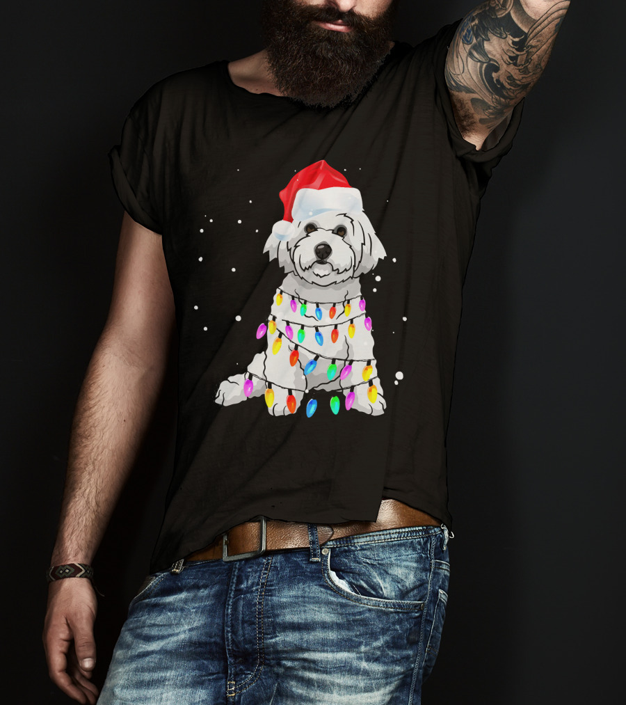 Bichon Frise With Christmas Lights And Santa Hat T-Shirt