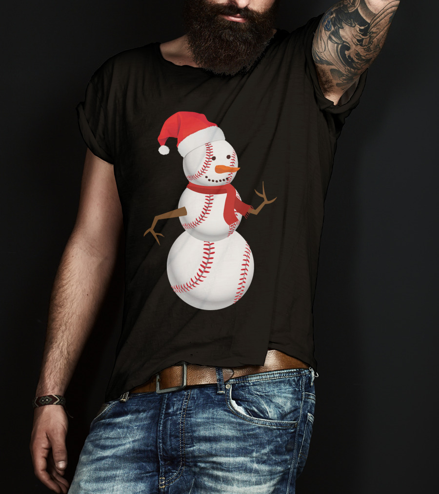 Snowman Made Of Baseballs With Santa Hat And Scarf T-Shirt