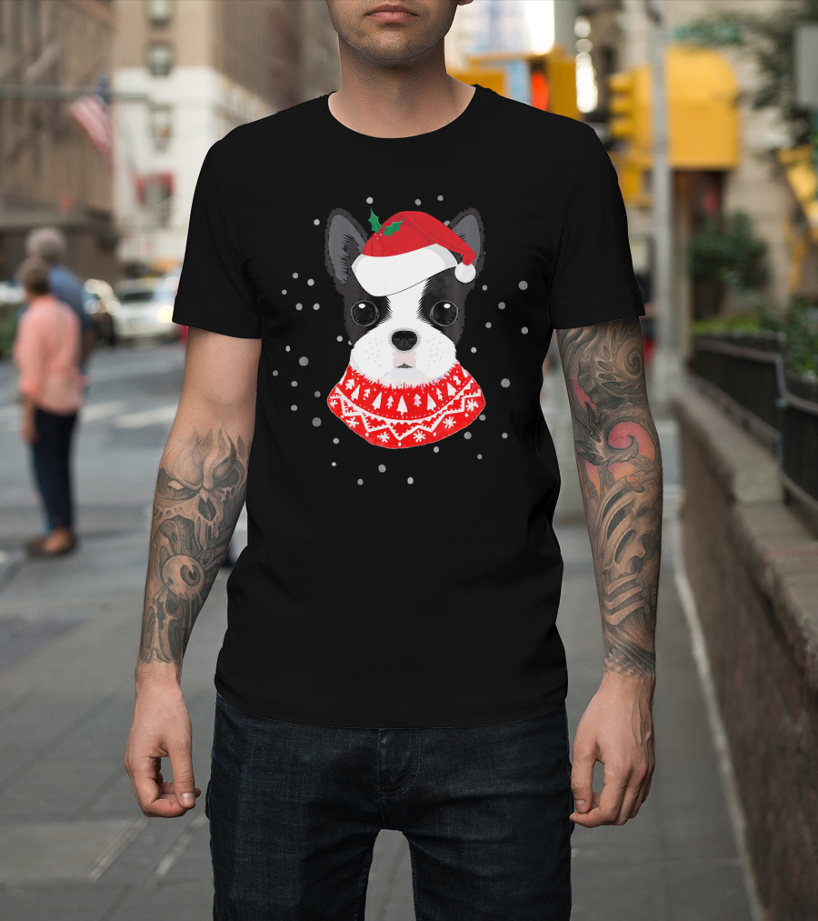 Boston Terrier in Santa Claus Hat with Festive Sweater and Snowflakes T-Shirt