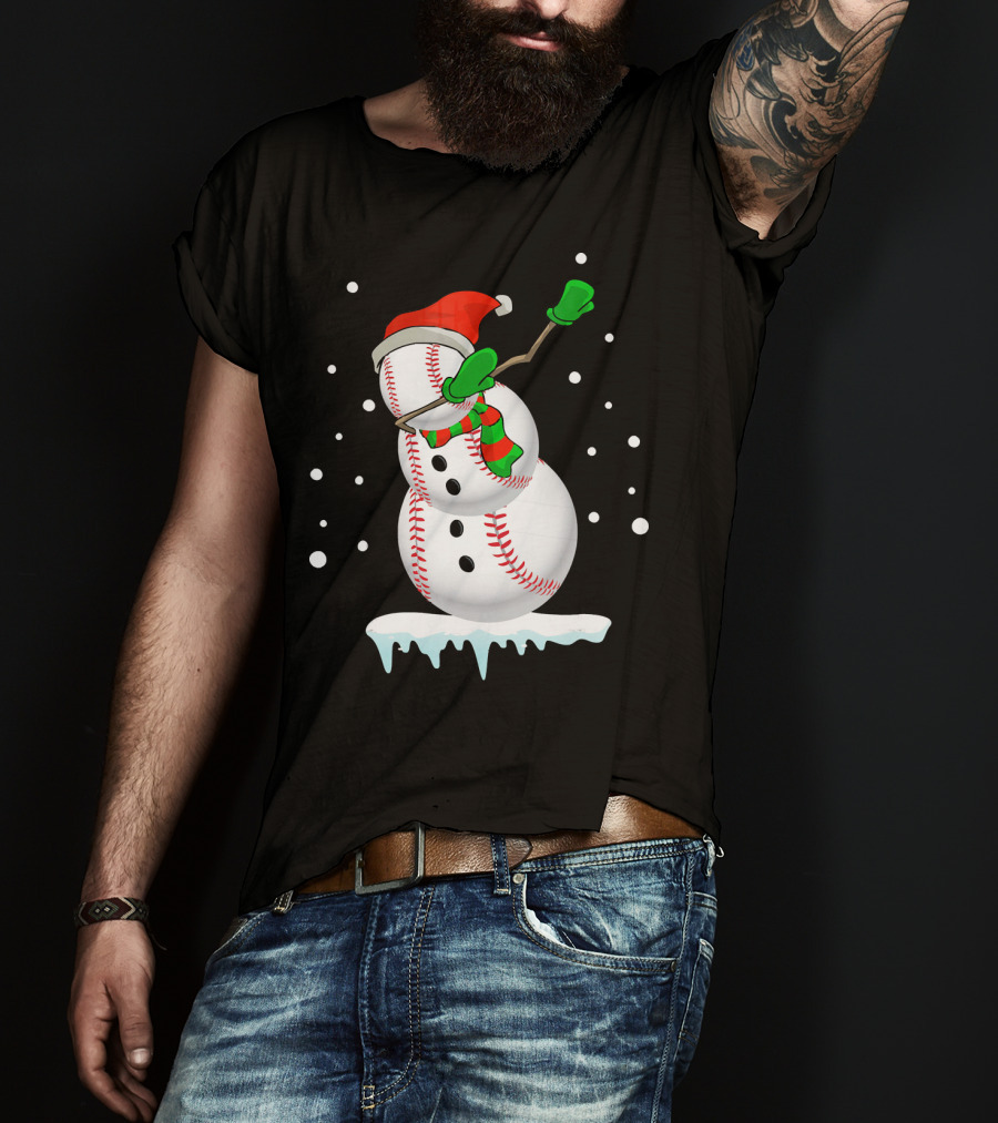 Dabbing Snowman Baseball Christmas Fun T-Shirt