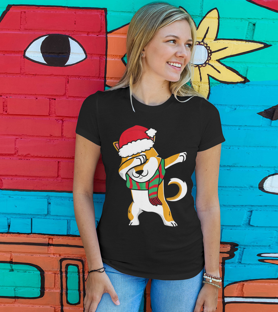 Dabbing Shiba Dog Christmas Santa Hat Scarf T-Shirt