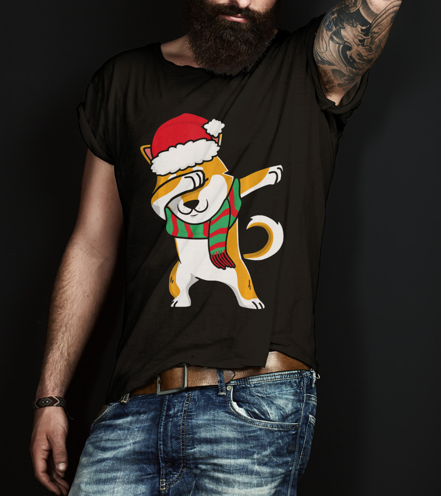 Dabbing Shiba Dog Christmas Santa Hat Scarf T-Shirt