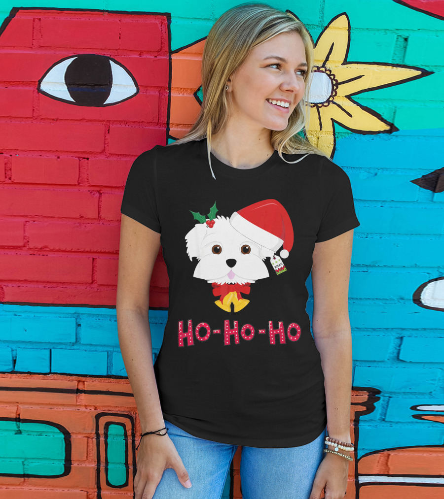 Maltese Dog In Santa Hat With Holly And Ho-Ho-Ho Text T-Shirt