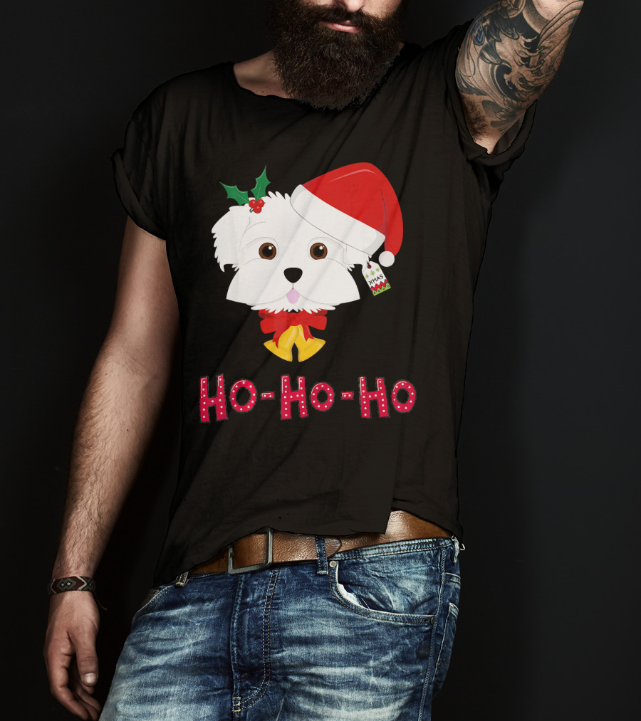 Maltese Dog In Santa Hat With Holly And Ho-Ho-Ho Text T-Shirt