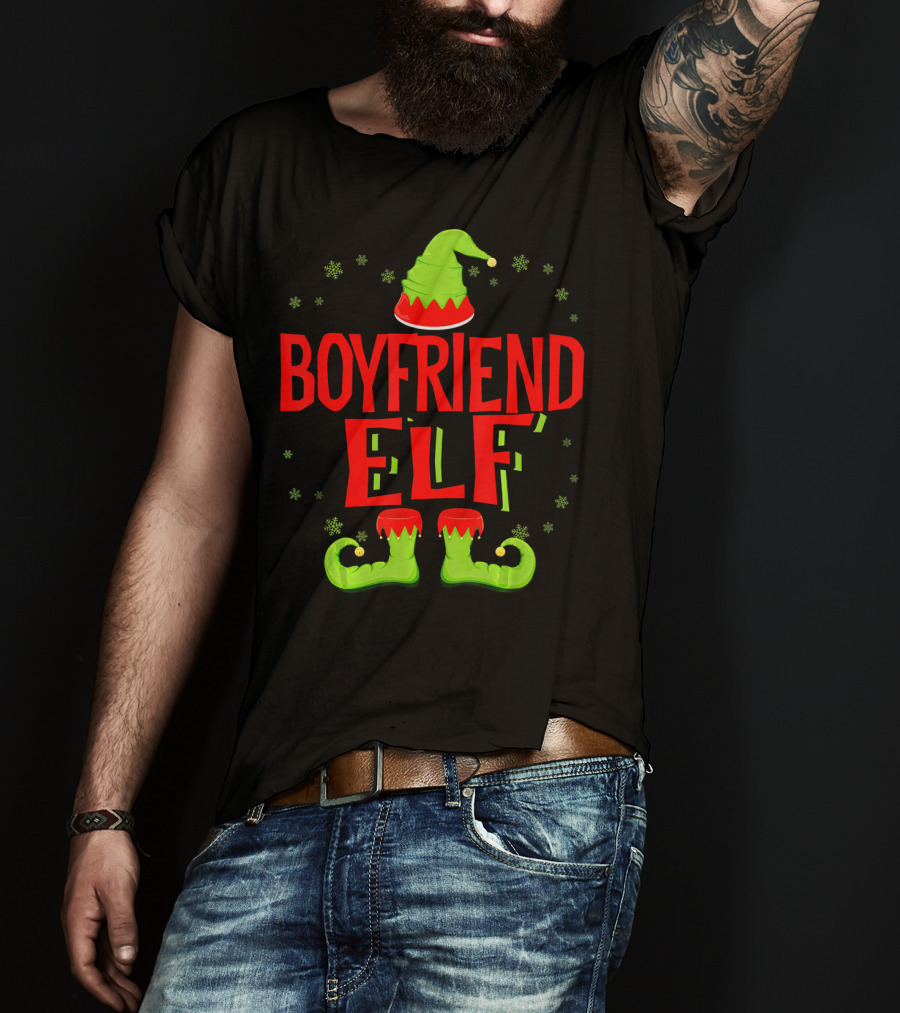 BOYFRIEND ELF Christmas Hat Boots Snowflakes T-Shirt