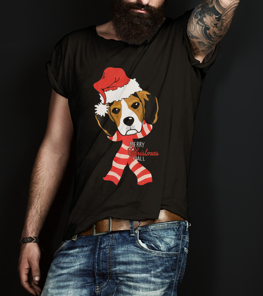 Merry Christmas Y'all Beagle Dog In Santa Hat And Striped Pajamas T-Shirt