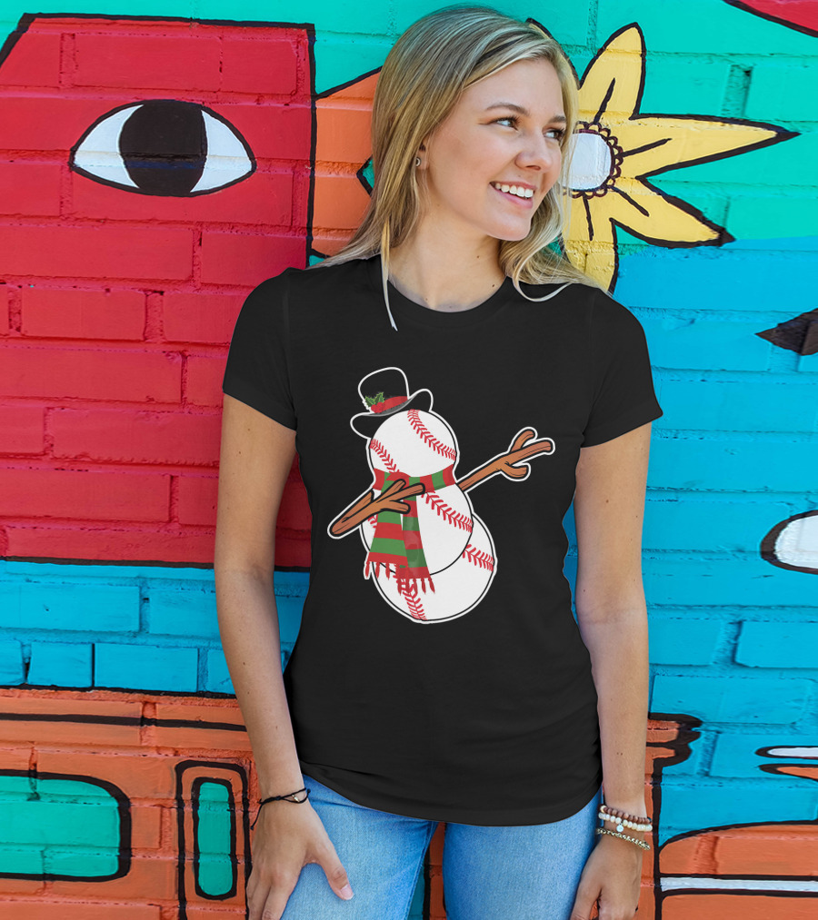 Dabbing Baseball Snowman In Top Hat With Festive Scarf T-Shirt