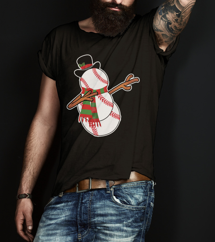 Dabbing Baseball Snowman In Top Hat With Festive Scarf T-Shirt