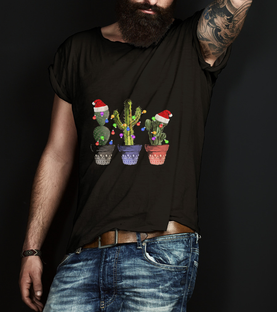 Cactus Christmas Lights Santa Hats Festive Holiday Decor T-Shirt