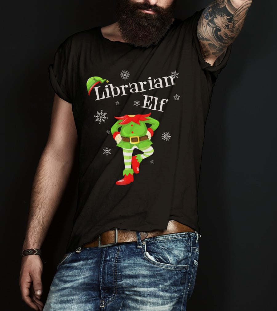 Librarian Elf In Green Outfit With Snowflakes And Red Hat T-Shirt