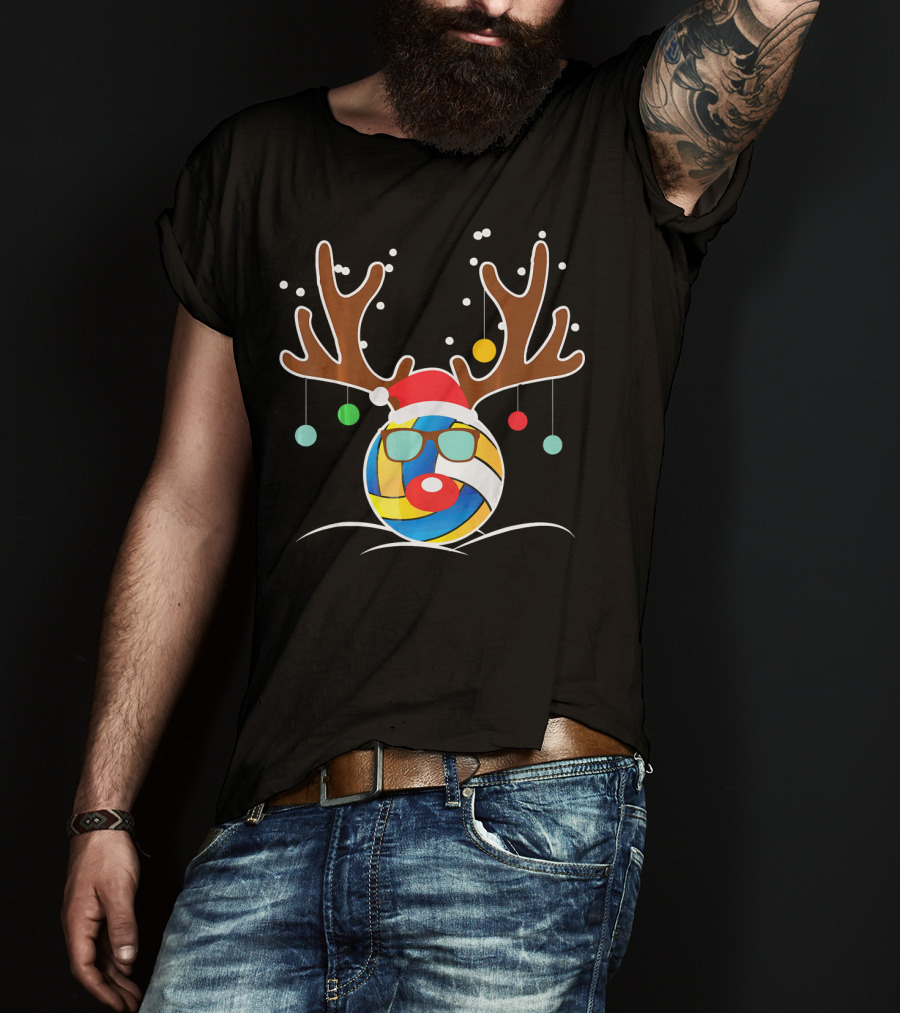 Volleyball Christmas Funny Reindeer Santa Hat Antlers Sunglasses Holiday Ornaments T-Shirt