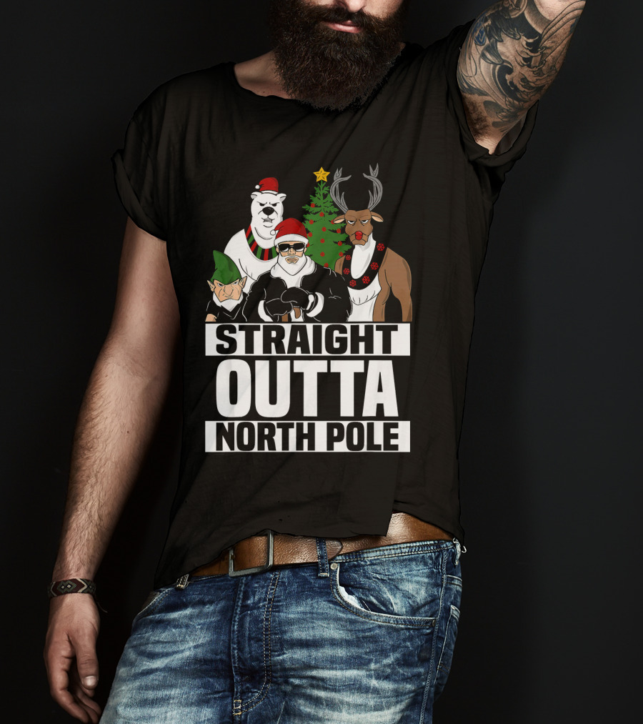 Straight Outta North Pole Christmas Characters Polar Bear Elf Reindeer T-Shirt