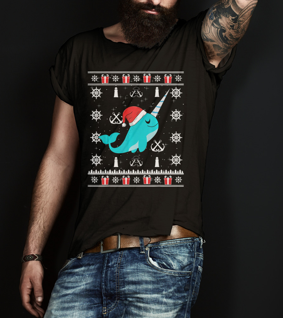 Narwhals Christmas Style With Santa Hat Anchors And Snowflakes T-Shirt