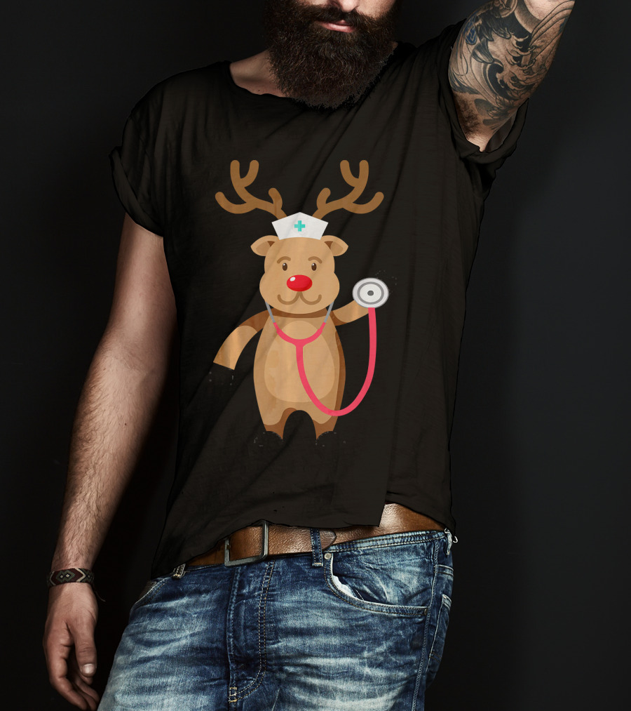 Nurse Reindeer With Stethoscope And Hat T-Shirt