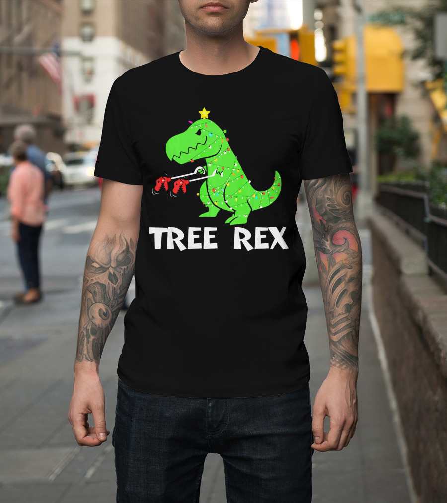 Tree Rex Funny Christmas Dinos Wrapped in Lights T-Shirt