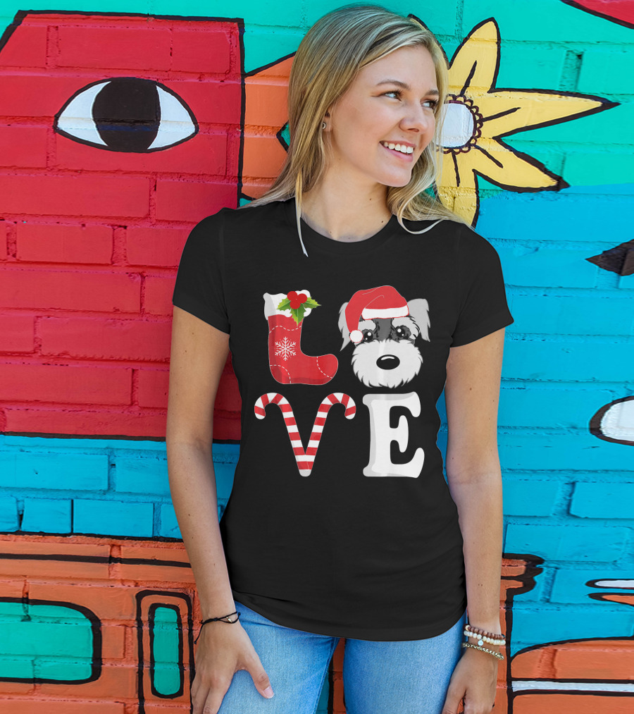 LOVE Miniature Schnauzer Santa Christmas Candy Cane T-Shirt