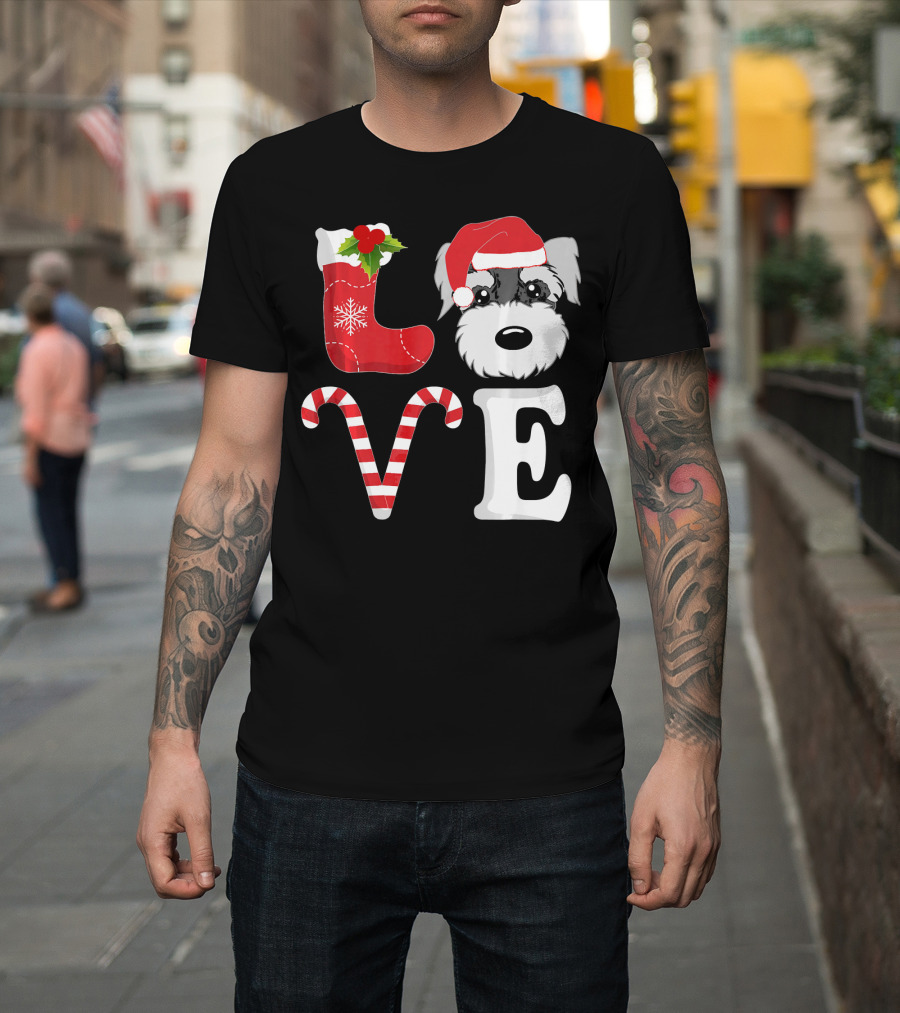 LOVE Miniature Schnauzer Santa Christmas Candy Cane T-Shirt