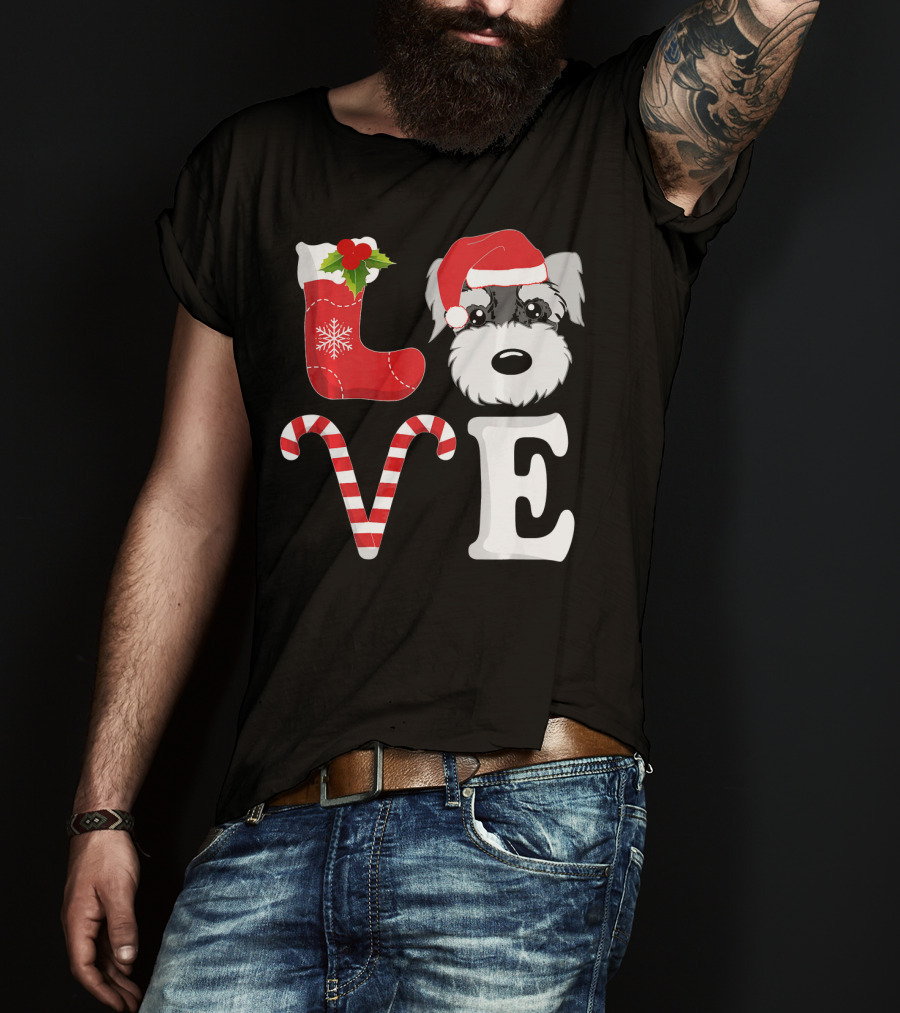 LOVE Miniature Schnauzer Santa Christmas Candy Cane T-Shirt