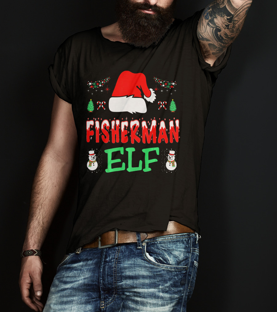 Fisherman Elf Christmas Snowman Santa Hat Candy Cane T-Shirt