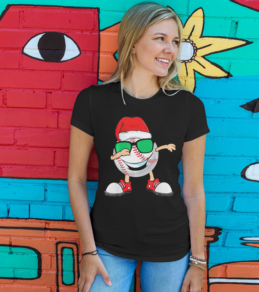 Dabbing Baseball With Santa Hat And Sunglasses T-Shirt